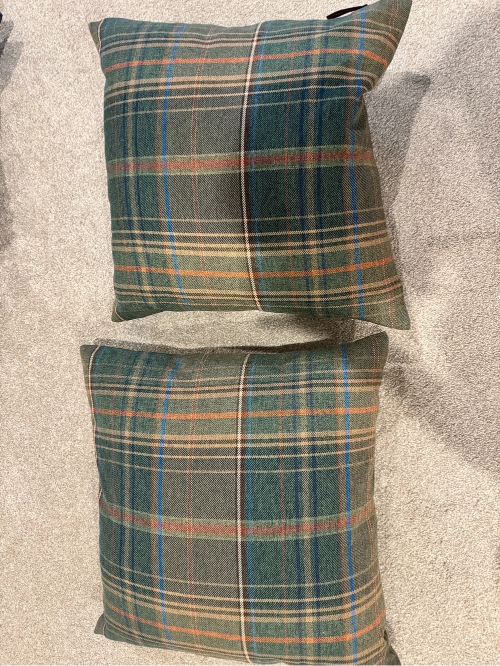 Pottery Barn Qty 2 Plaid Green Accent Throw Pillows 20”w/Down Inserts. Like new.
